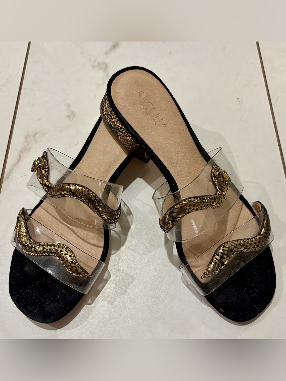 CECILIA NEW YORK Clear Double‑Band Mules with Gold Snake Trim 8